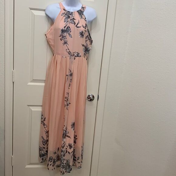 Fashion Mia Large Scoop Neck Short Sleeve Tie Back Peach Gray Floral Maxi Dress - Picture 1 of 14